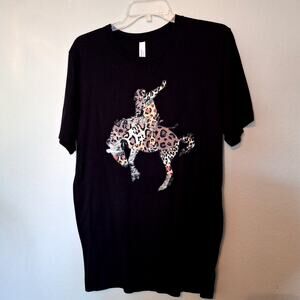 Canvas Black T-Shirt with Leopard Print Cowboy on Horse Size L